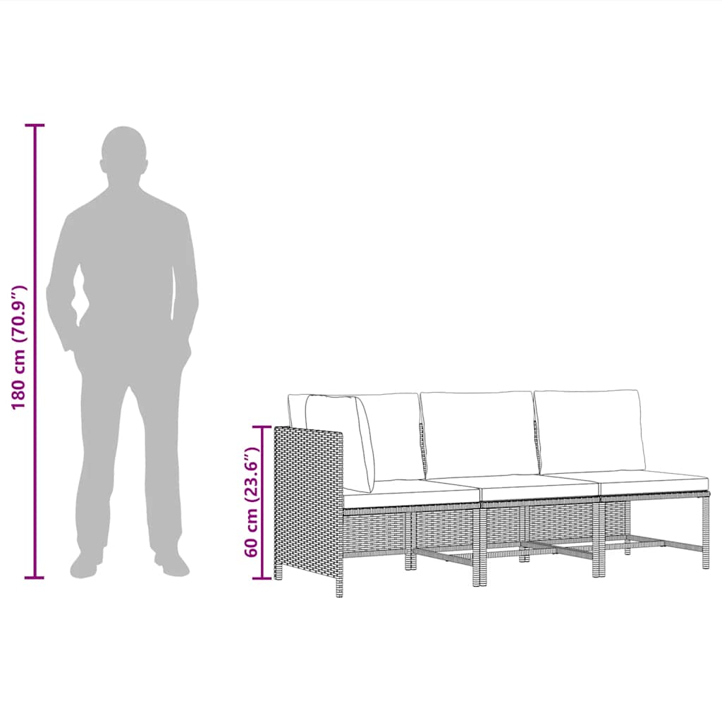 3 Piece Garden Sofa Set with Cushions Black Poly Rattan