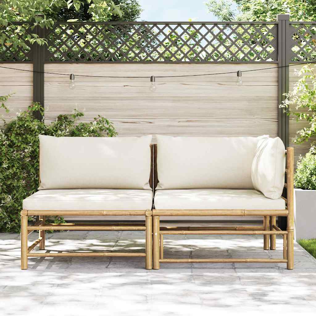 2 Piece Garden Lounge Set with Cream White Cushions Bamboo