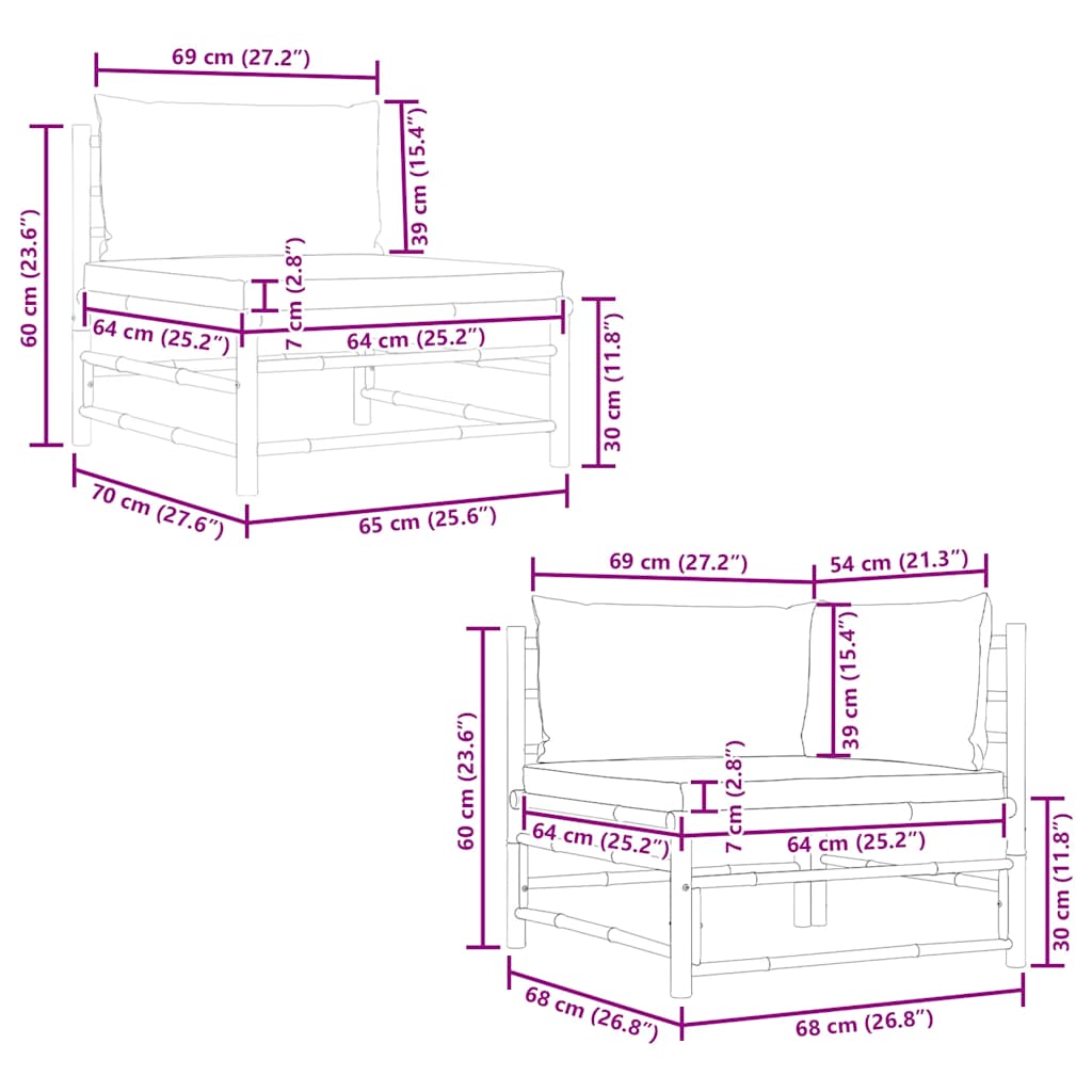 2 Piece Garden Lounge Set with Cream White Cushions Bamboo