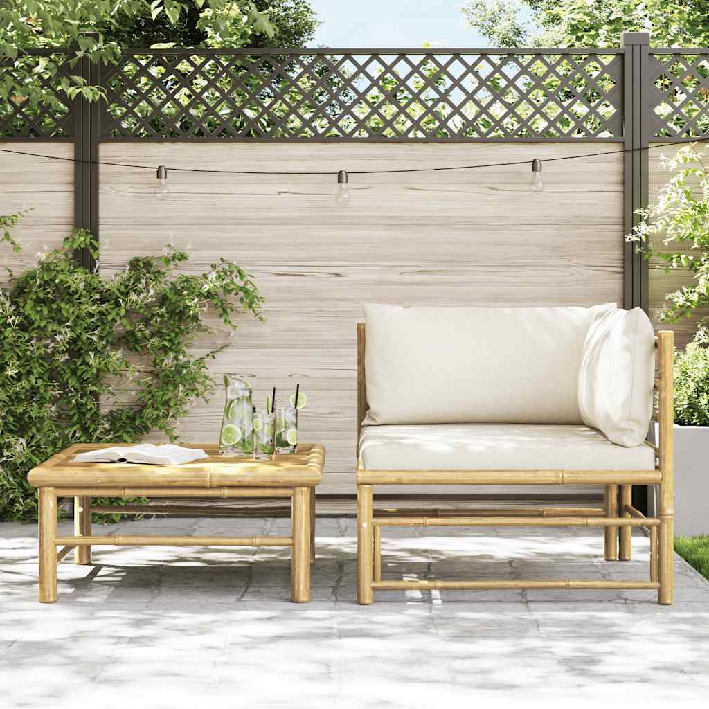 2 Piece Garden Lounge Set with Cream White Cushions Bamboo