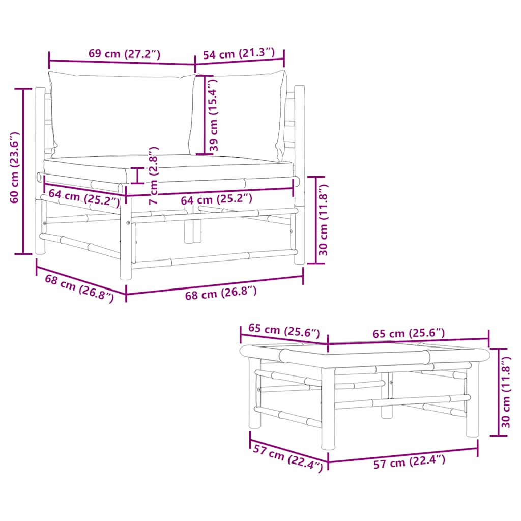 2 Piece Garden Lounge Set with Cream White Cushions Bamboo