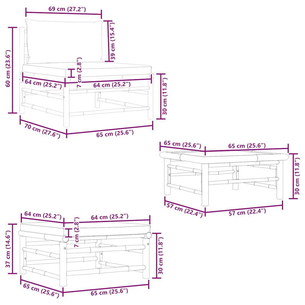 3 Piece Garden Lounge Set with Dark Grey Cushions Bamboo