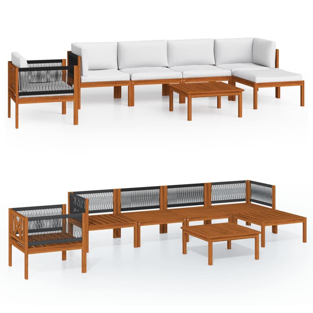 7 Piece Garden Lounge Set with Cushions Cream Wood Acacia&Rope