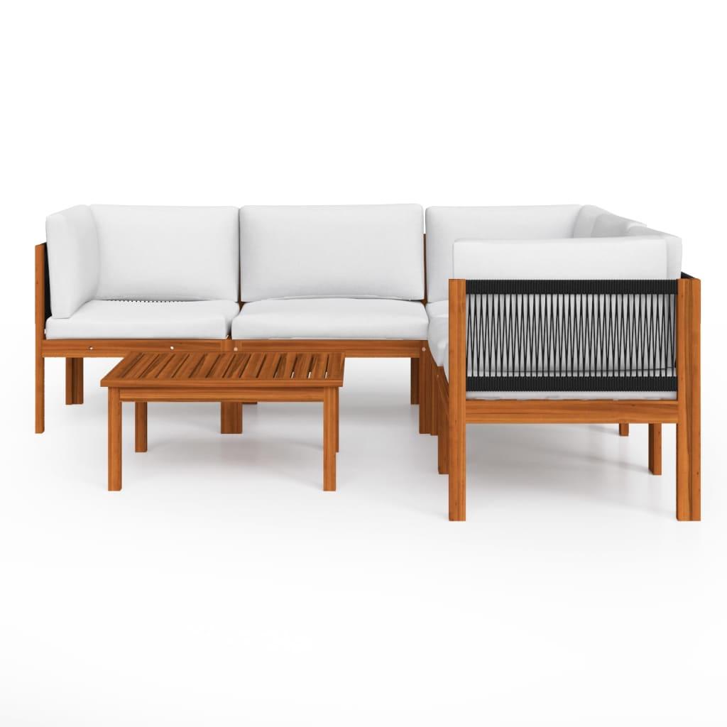 6 Piece Garden Lounge Set with Cushions Cream Wood Acacia&Rope