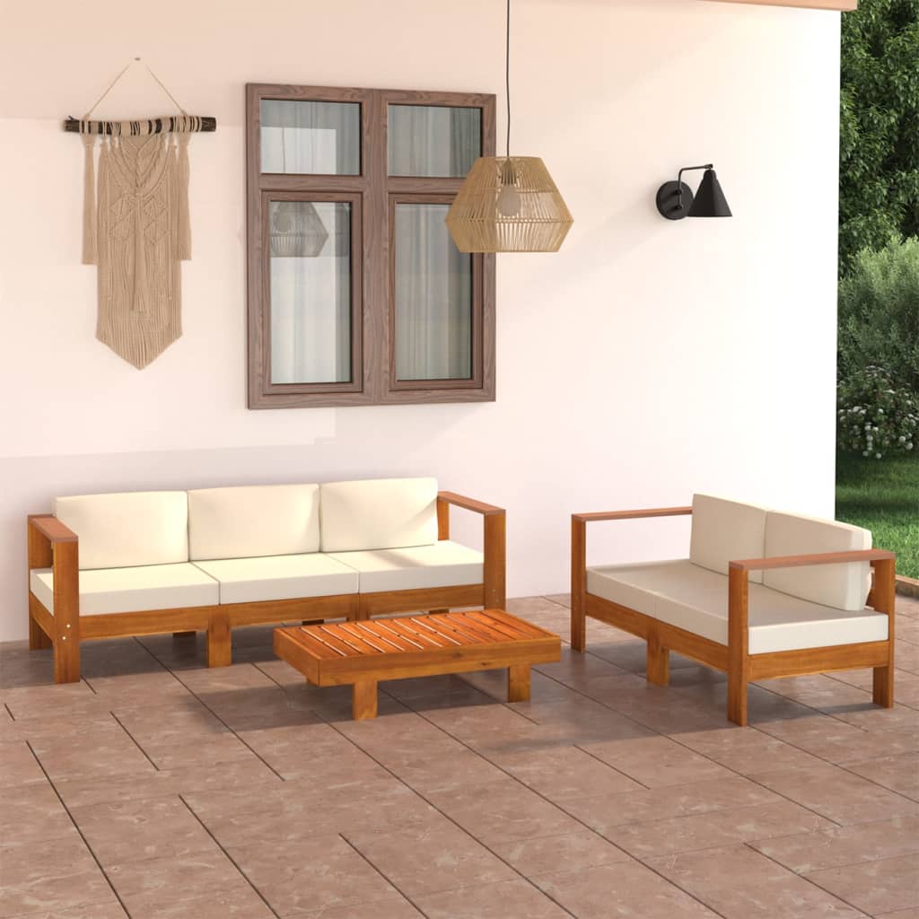 5 Piece Garden Lounge Set with Cream White Cushions Acacia Wood