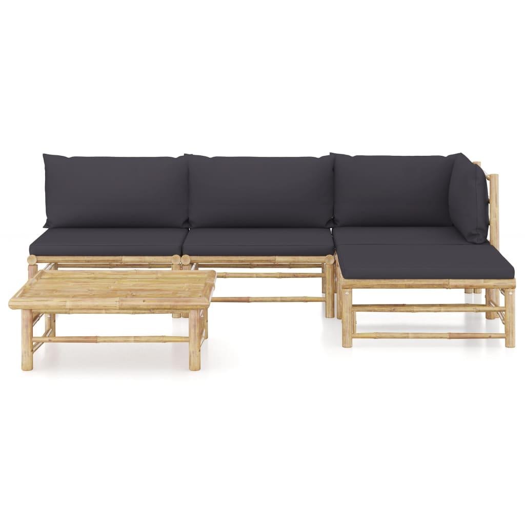 5 Piece Garden Lounge Set with Dark Grey Cushions Bamboo