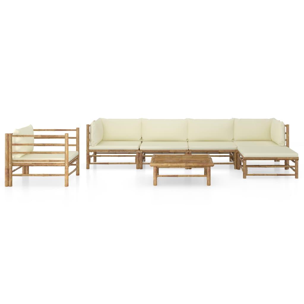 7 Piece Garden Lounge Set with Cream White Cushions Bamboo