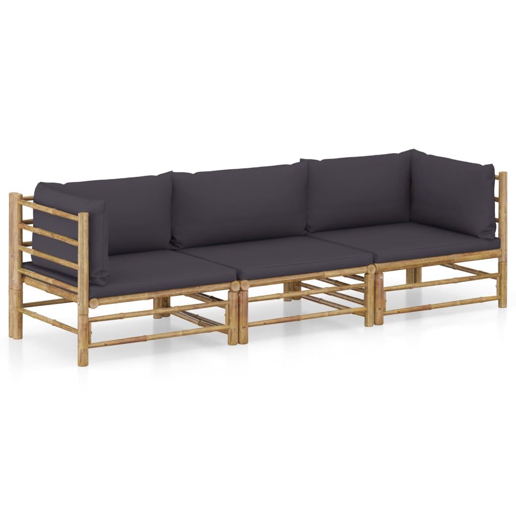 3 Piece Garden Lounge Set with Dark Grey Cushions Bamboo