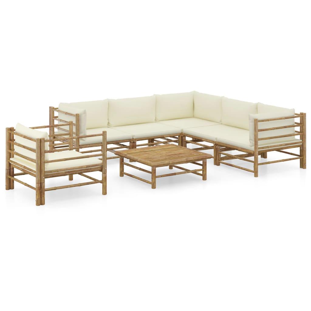 7 Piece Garden Lounge Set with Cream White Cushions Bamboo