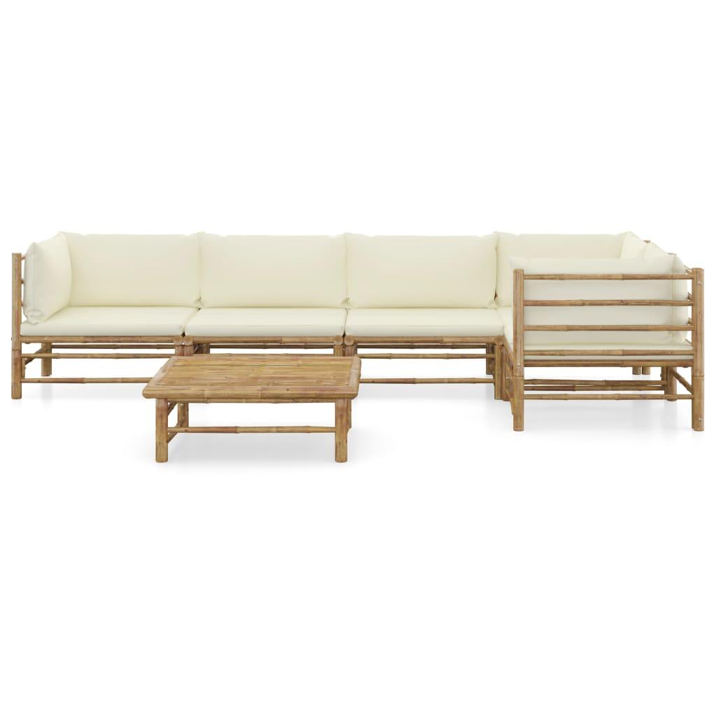 6 Piece Garden Lounge Set with Cream White Cushions Bamboo