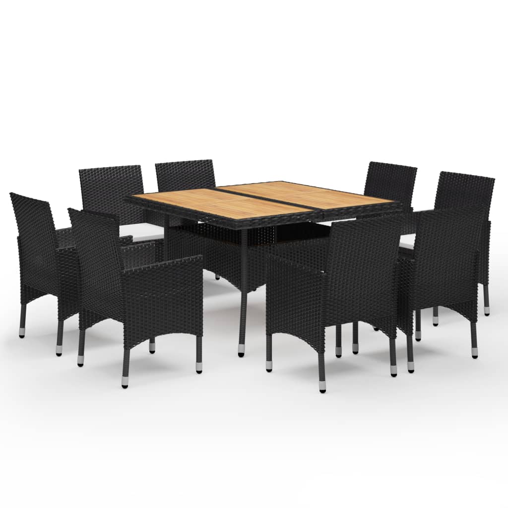 9 Piece Garden Dining Set Poly Rattan and Acacia Wood Black