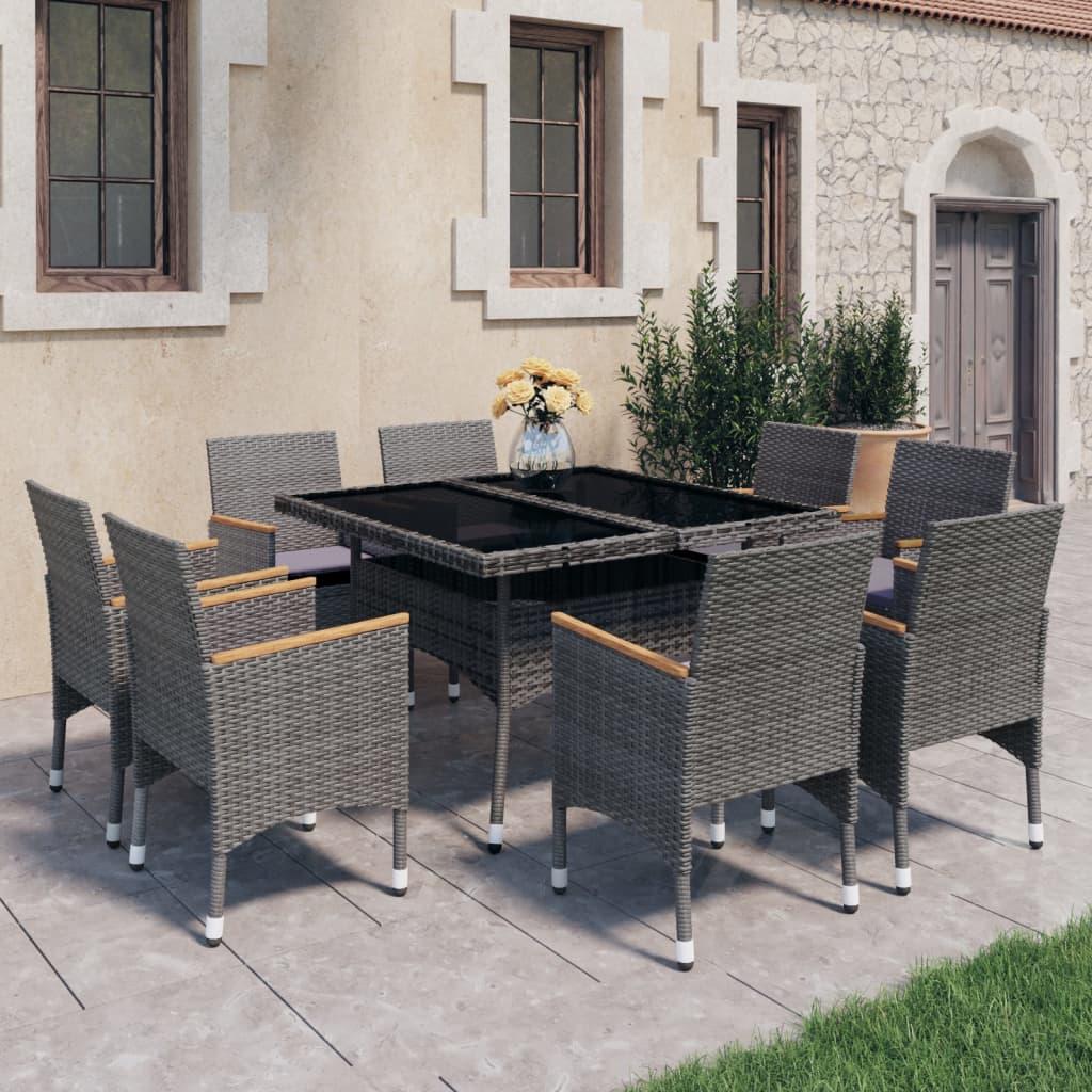 9 Piece Garden Dining Set Poly Rattan and Acacia Wood Grey