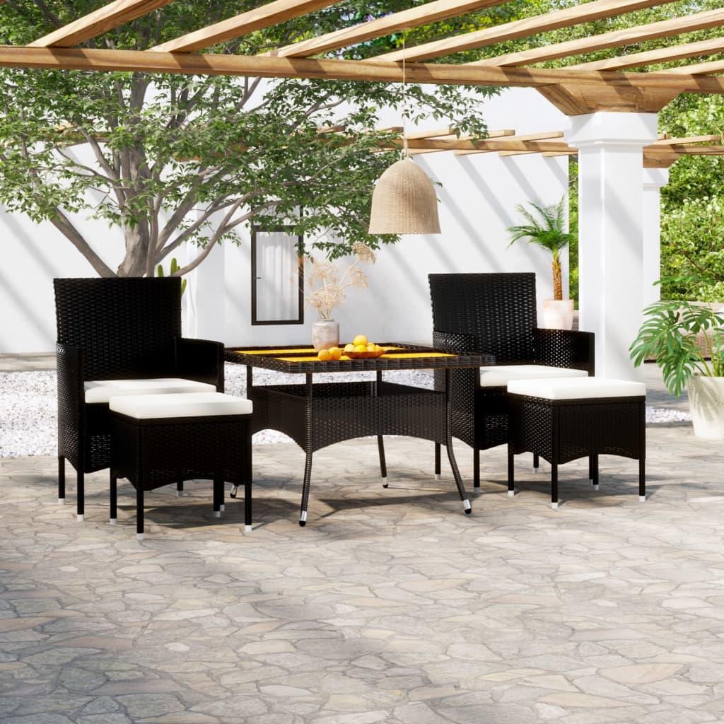 5 Piece Garden Dining Set Poly Rattan &amp; Solid Acacia Wood Black