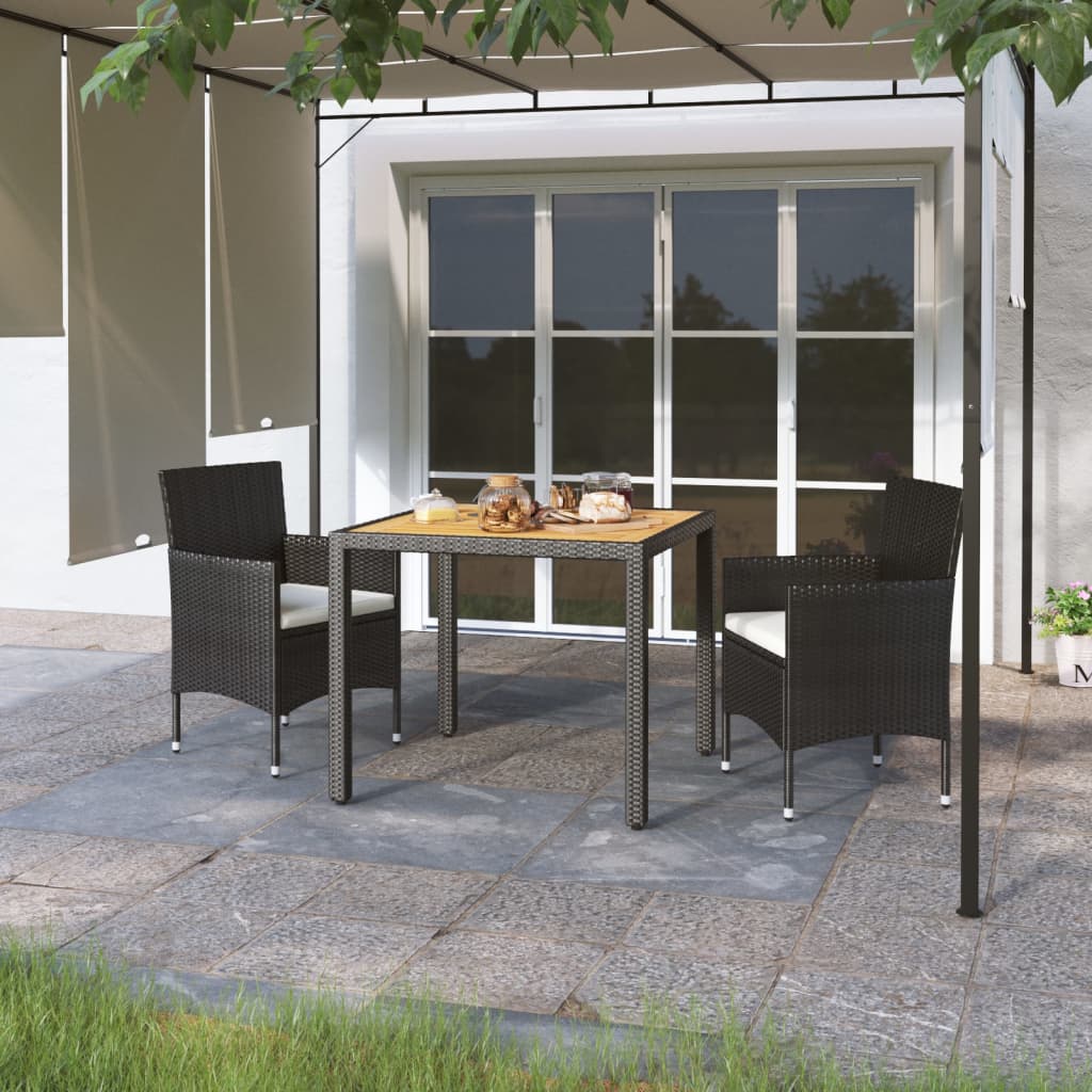 3 Piece Garden Dining Set Poly Rattan &amp; Solid Acacia Wood Black