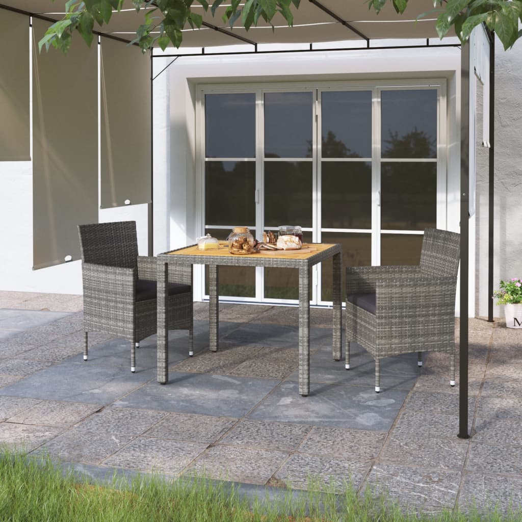 3 Piece Garden Dining Set Poly Rattan &amp; Solid Acacia Wood Grey