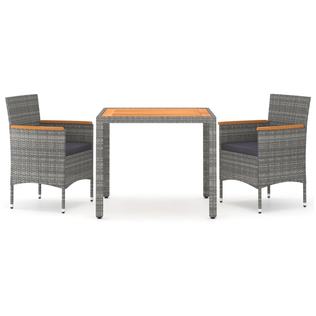 3 Piece Garden Dining Set Poly Rattan & Solid Acacia Wood Grey