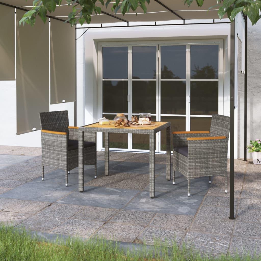 3 Piece Garden Dining Set Poly Rattan &amp; Solid Acacia Wood Grey