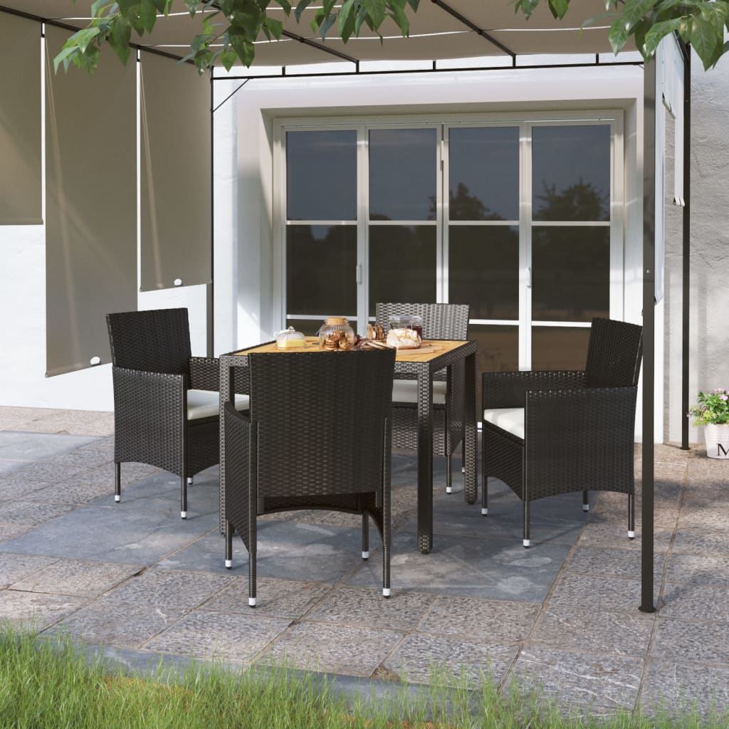 5 Piece Garden Dining Set Poly Rattan &amp; Solid Acacia Wood Black