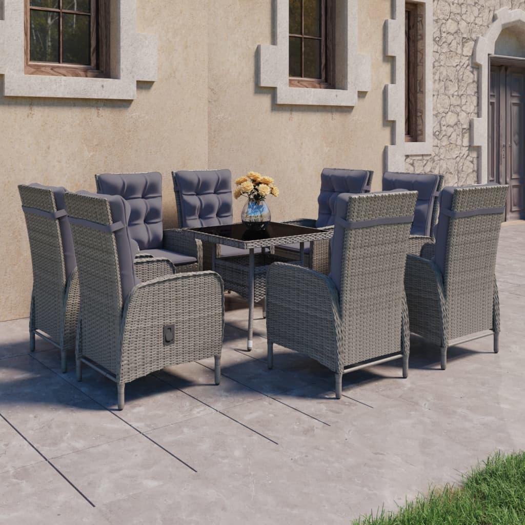 9 Piece Garden Dining Set Poly Rattan and Glass Grey