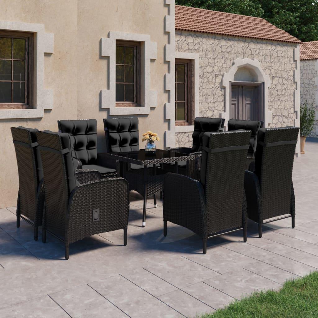 9 Piece Garden Dining Set Poly Rattan and Glass Black