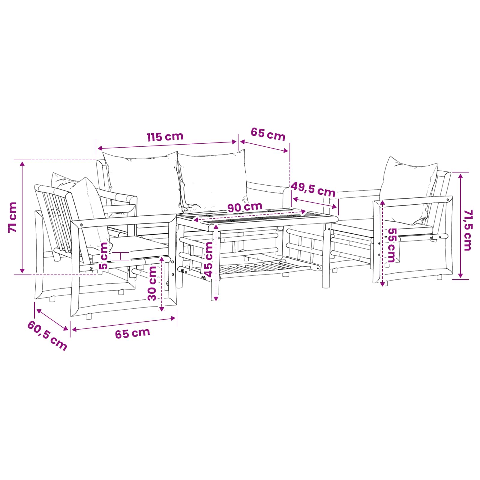 4 Piece Garden Lounge Set with Cushions Bamboo