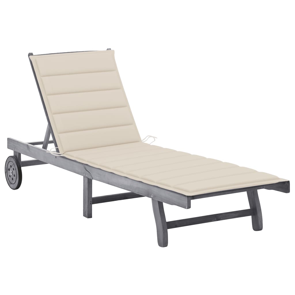 Garden Sun Lounger with Cushion Grey Solid Acacia Wood