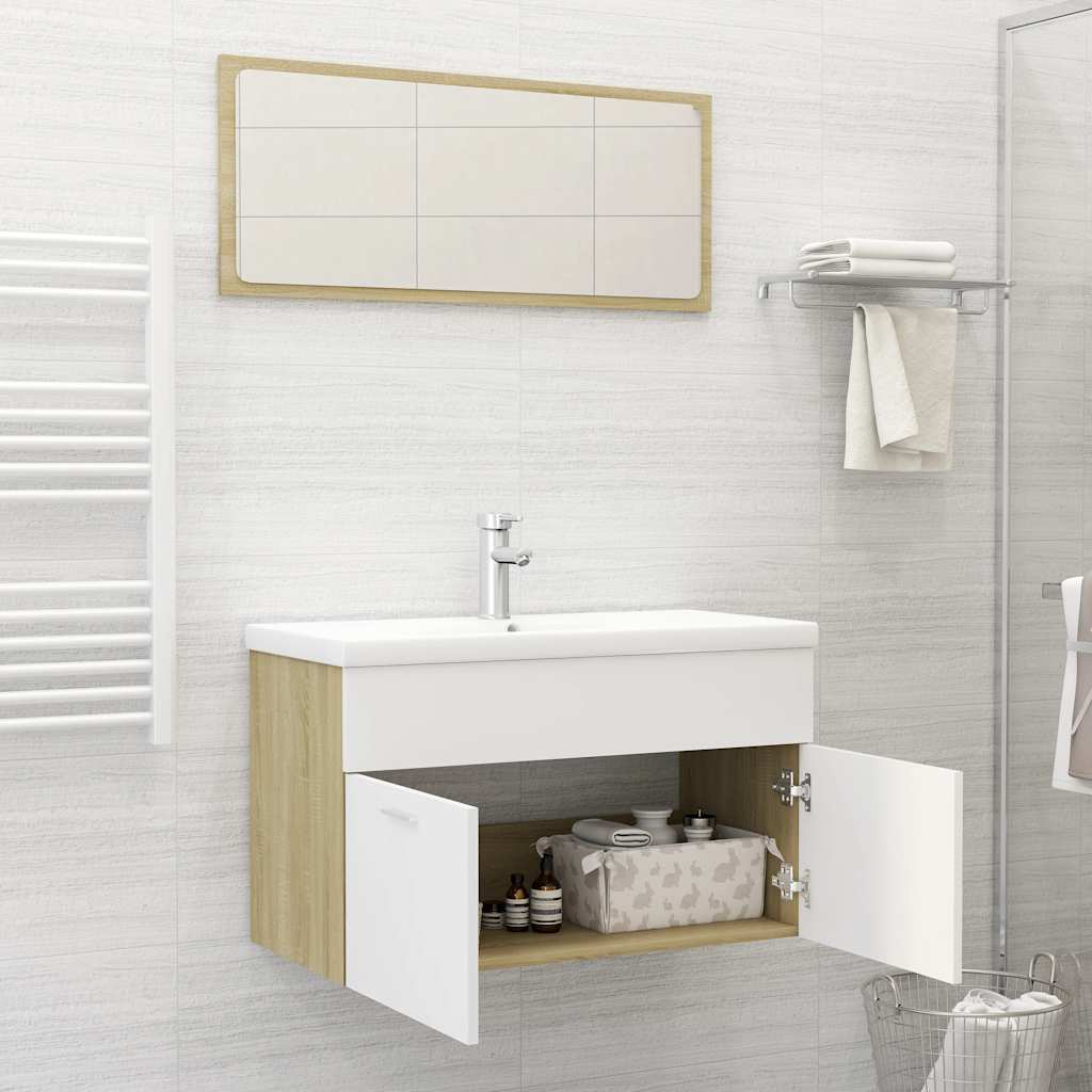 2 Piece Bathroom Furniture Set White and Sonoma Oak Engineered Wood