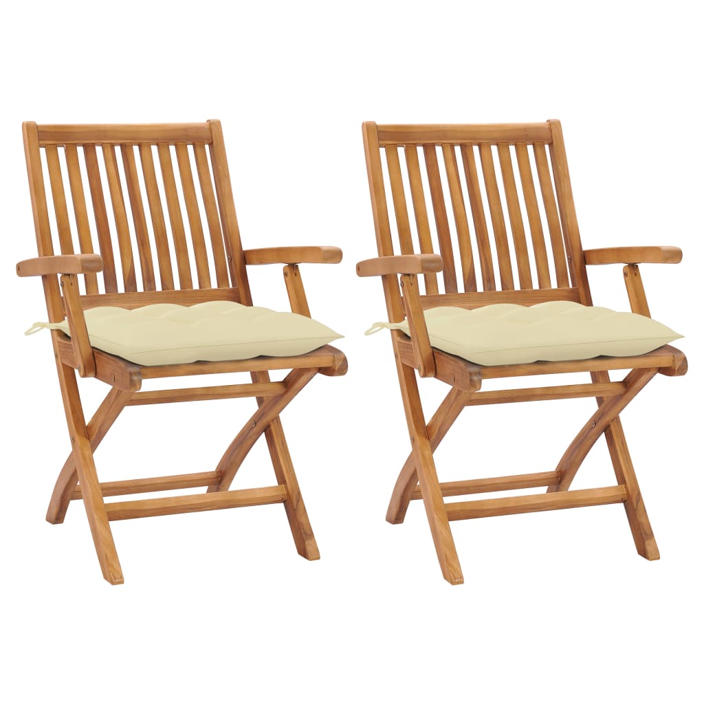 Garden Chairs 2 pcs with Cream White Cushions Solid Teak Wood