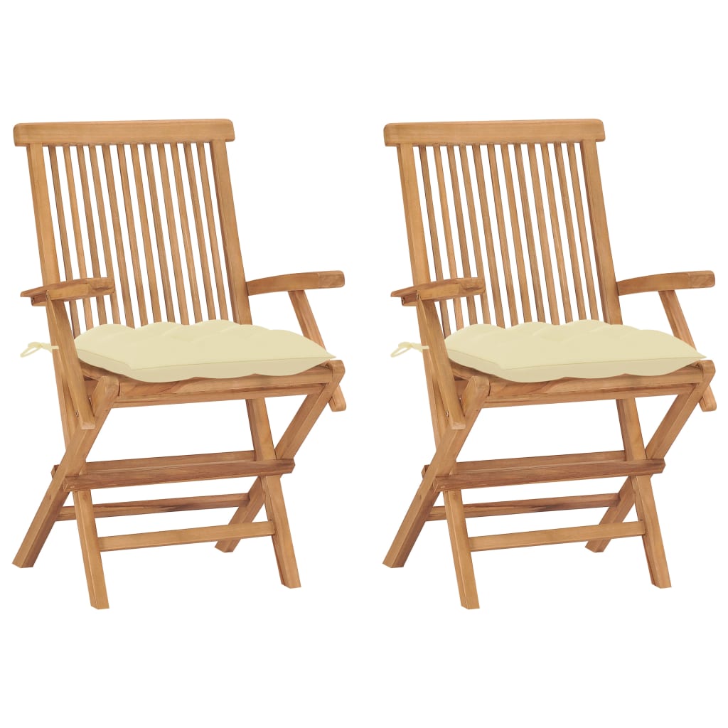 Garden Chairs with Cream White Cushions 2 pcs Solid Teak Wood