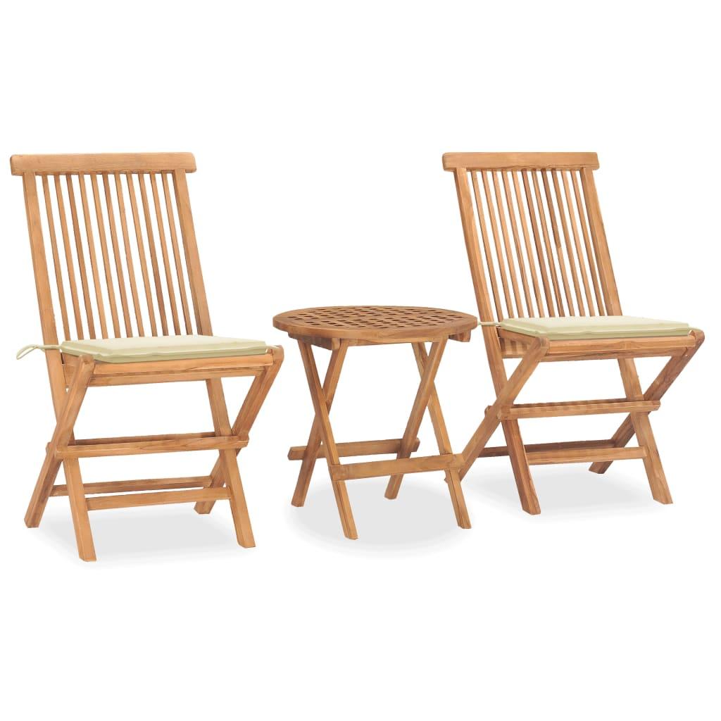 3 Piece Folding Outdoor Dining Set with Cushion Solid Wood Teak