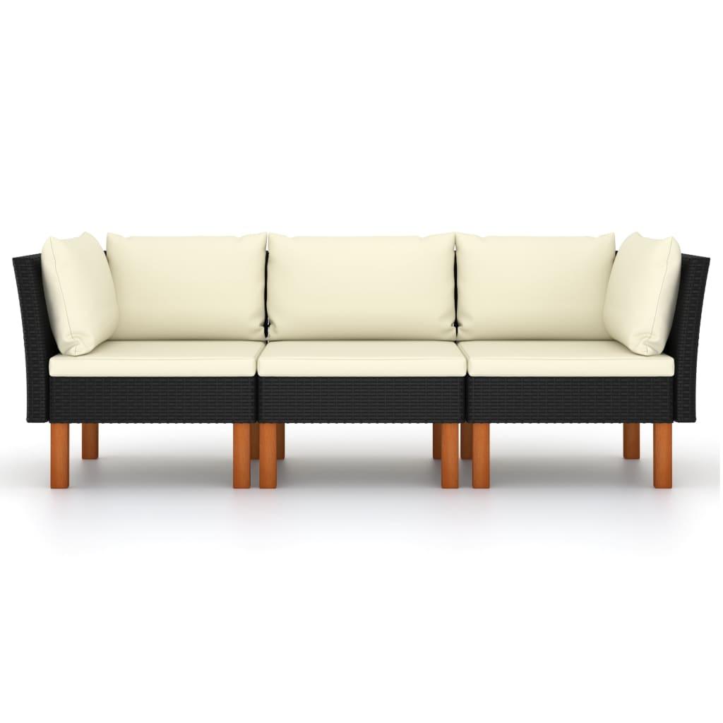 3-Seater Garden Sofa with Cushions Black Poly Rattan