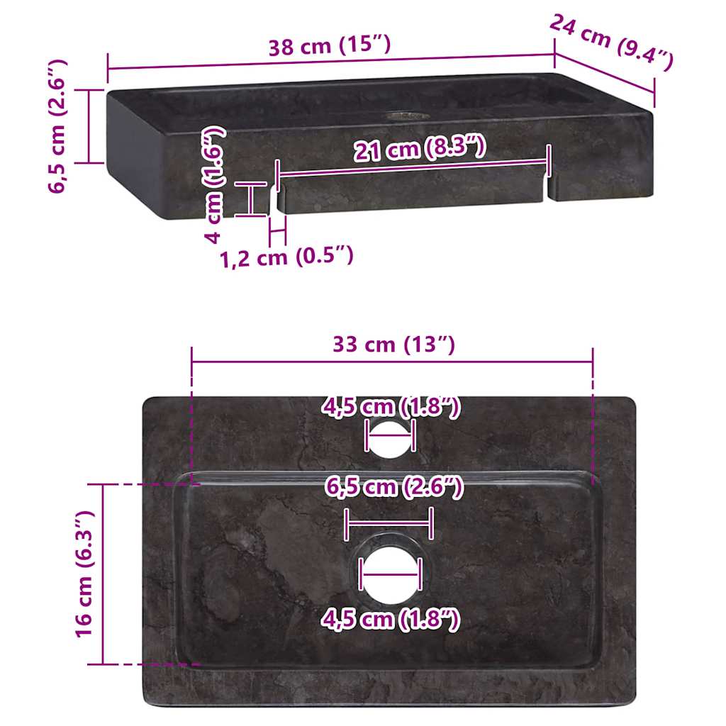 Wall-mounted Sink Black 38x24x6.5 cm Marble