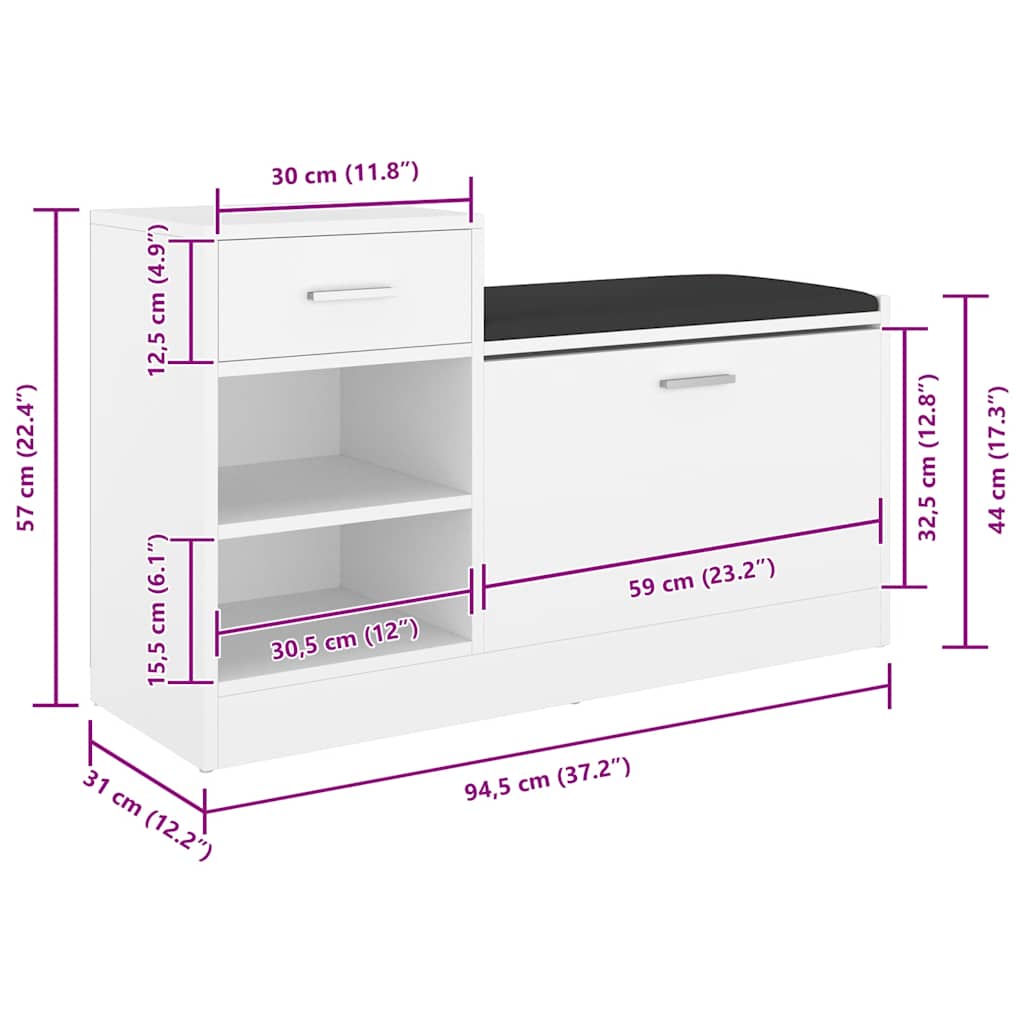 Shoe Bench White 94.5x31x57 cm Engineered Wood