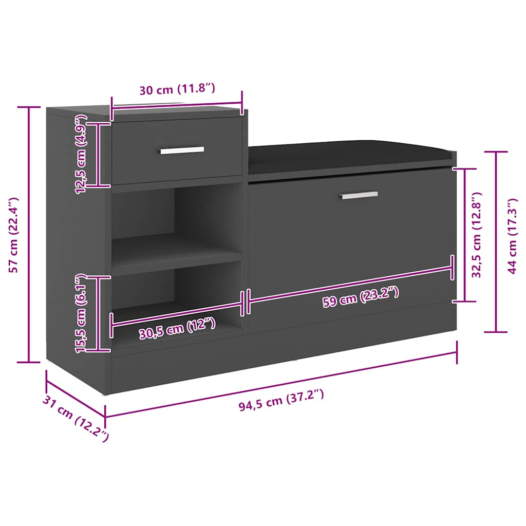 Shoe Bench Grey 94.5x31x57 cm Engineered Wood