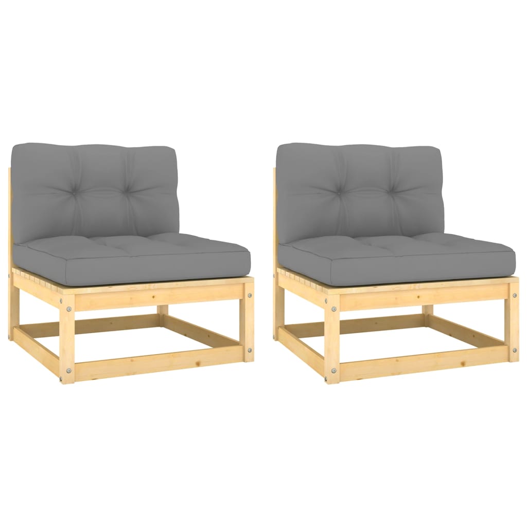 Garden Middle Sofas with Grey Cushions 2 pcs Solid Pinewood