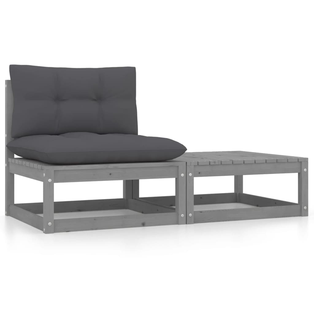 2 Piece Garden Lounge Set with Cushions Grey Solid Pinewood