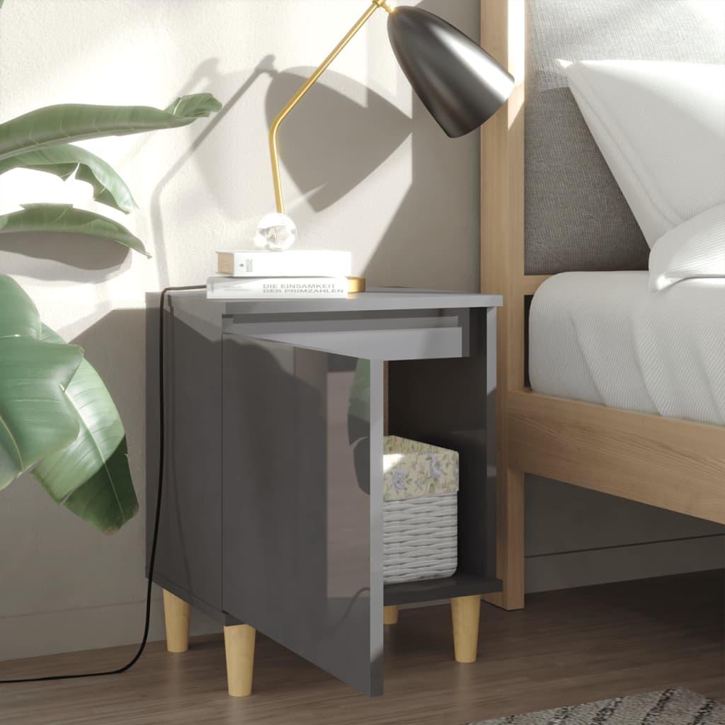 Bed Cabinets Solid Wood Legs 2 pcs High Gloss Grey 40x30x50 cm