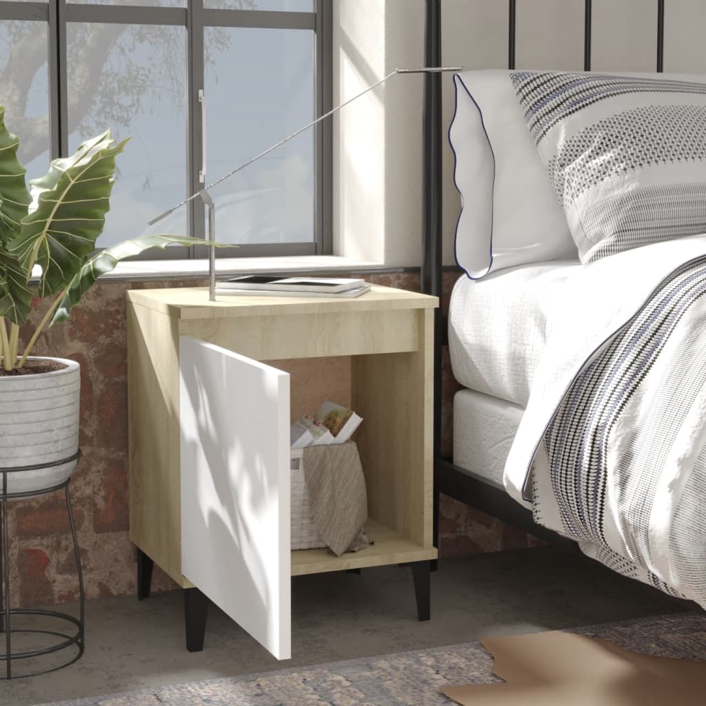 Bed Cabinet with Metal Legs Sonoma Oak and White 40x30x50 cm