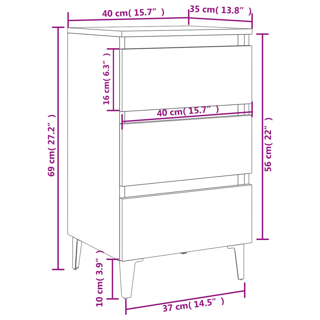 Bed Cabinet with Metal Legs 2 pcs Black 40x35x69 cm