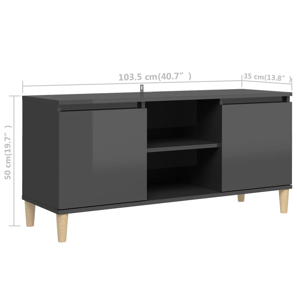 TV Cabinet & Solid Wood Legs High Gloss Grey 103.5x35x50 cm