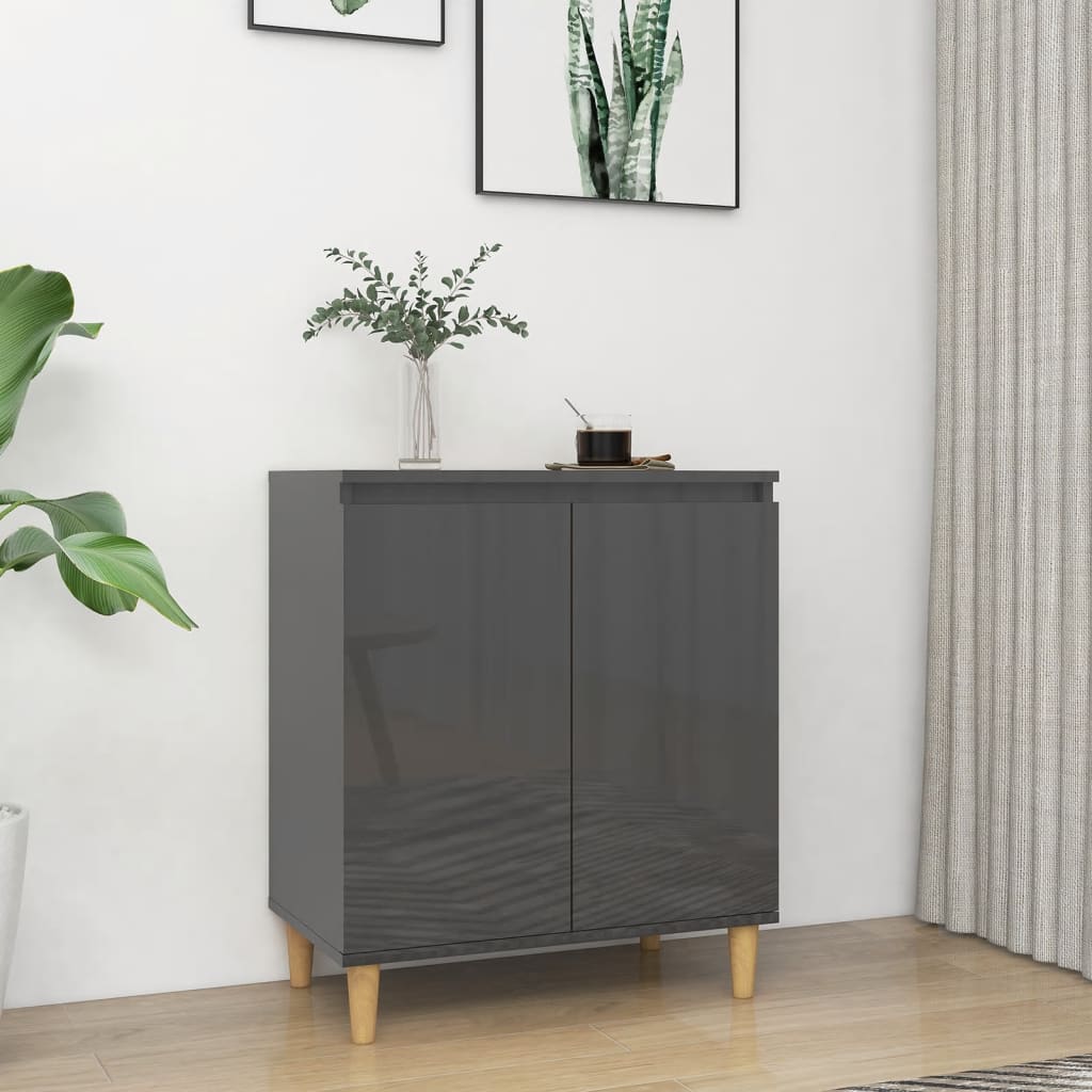 Sideboard&amp;Solid Wood Legs High Gloss Grey 60x35x70 cm Engineered Wood