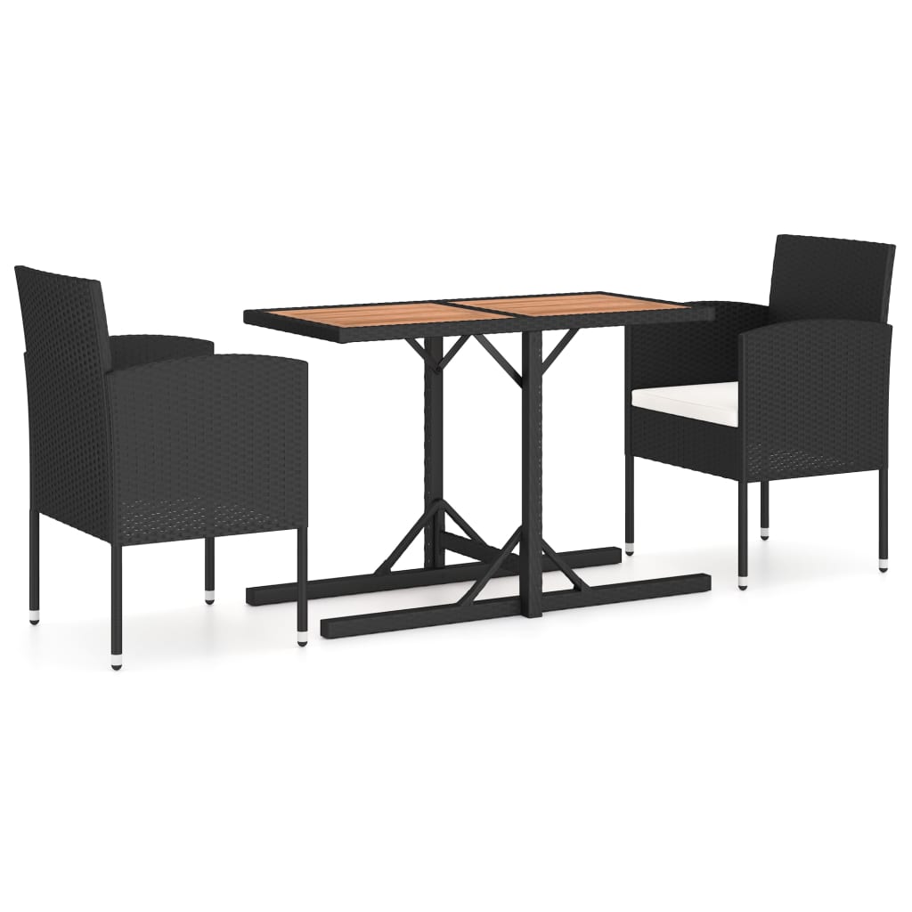 3 Piece Garden Dining Set Solid Acacia Wood &amp; Poly Rattan Black