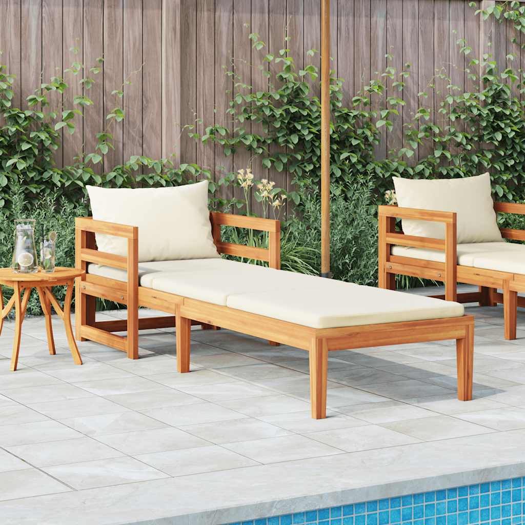 Sun Lounger with Cream White Cushions Solid Acacia Wood
