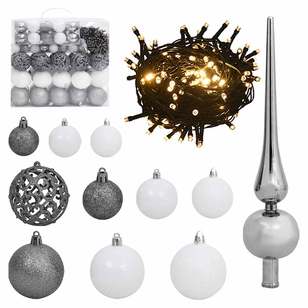 120 Piece Christmas Ball Set with Peak and 300 LEDs White&amp;Gey