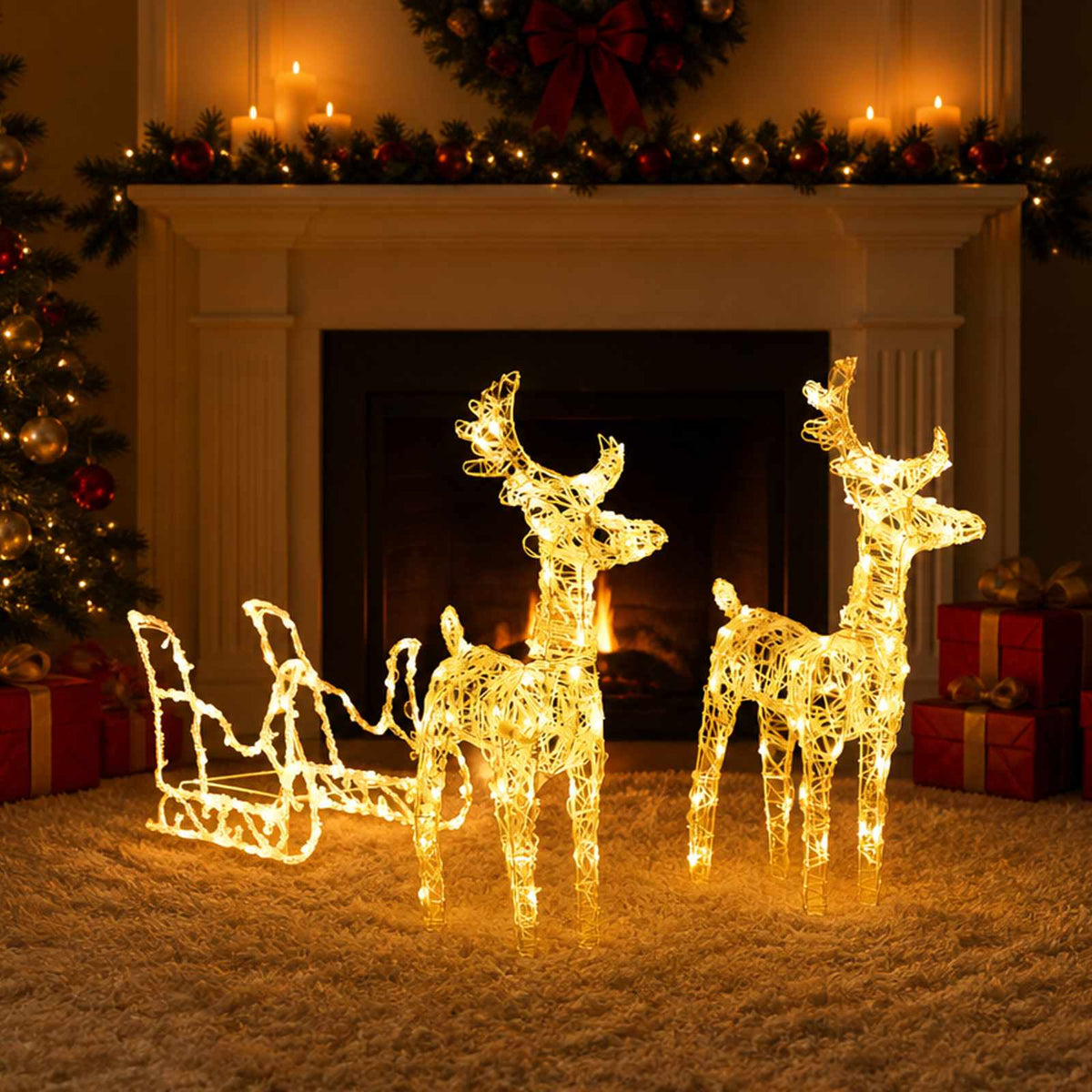 Reindeers &amp; Sleigh Christmas Decoration 160 LEDs 130 cm Acrylic
