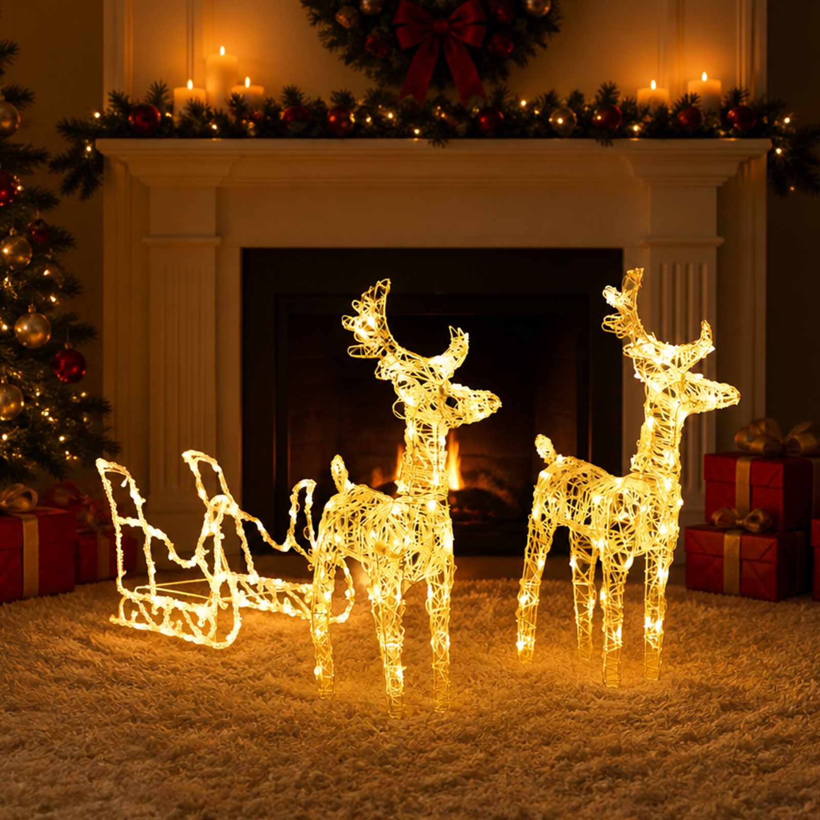 Reindeers & Sleigh Christmas Decoration 160 LEDs 130 cm Acrylic