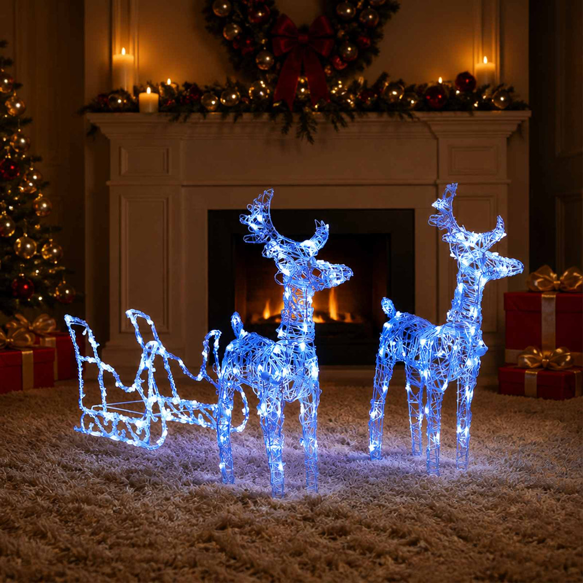 Reindeers &amp; Sleigh Christmas Decoration 160 LEDs 130 cm Acrylic