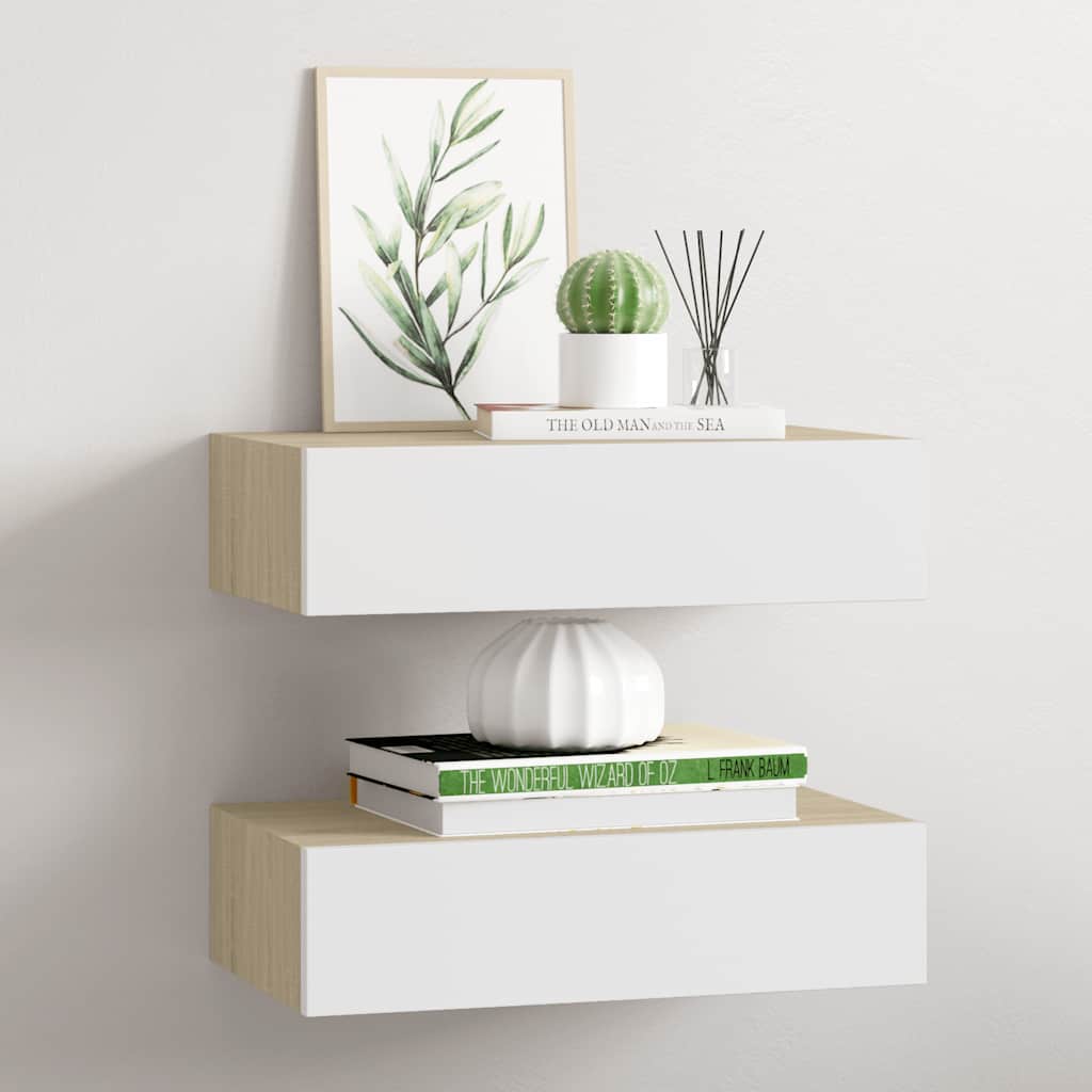 Wall Drawer Shelves 2 pcs Oak and White 40x23.5x10cm MDF