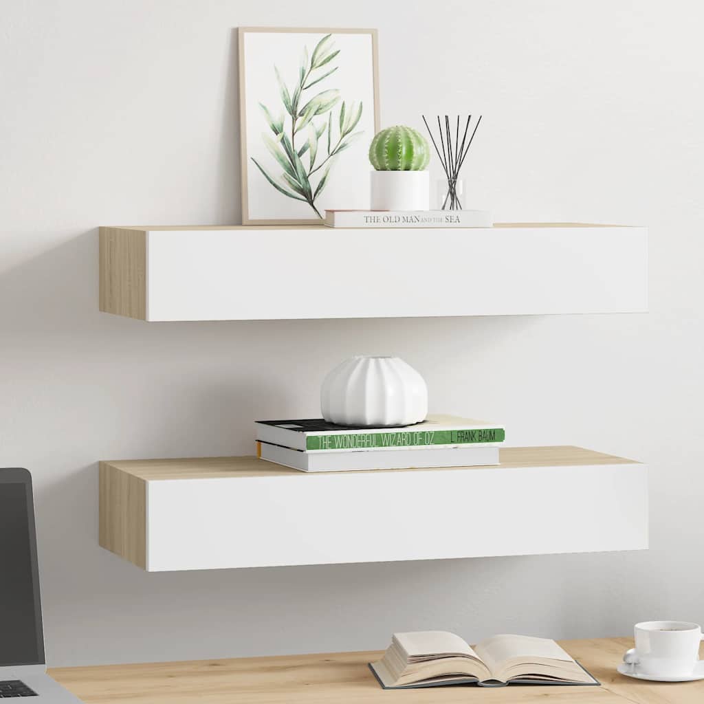 Wall Drawer Shelves 2 pcs Oak and White 60x23.5x10cm MDF