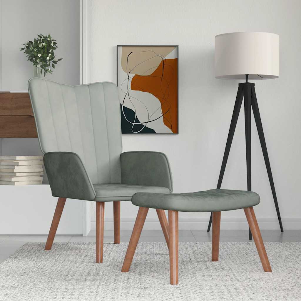 Relaxing Chair with a Stool Light Grey Velvet